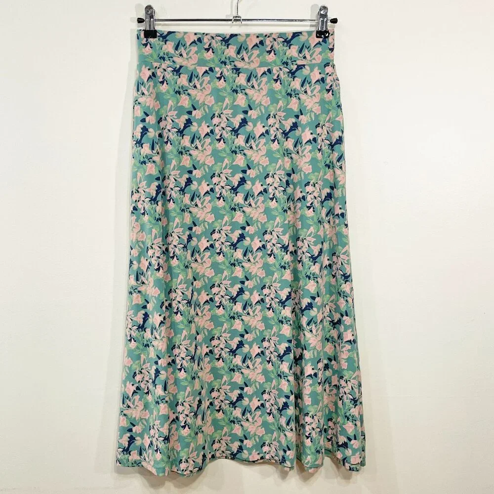 New Pact Stretch Cotton Floral Knit Midi Skirt Jade Green Pink Small - Picture 3 of 8
